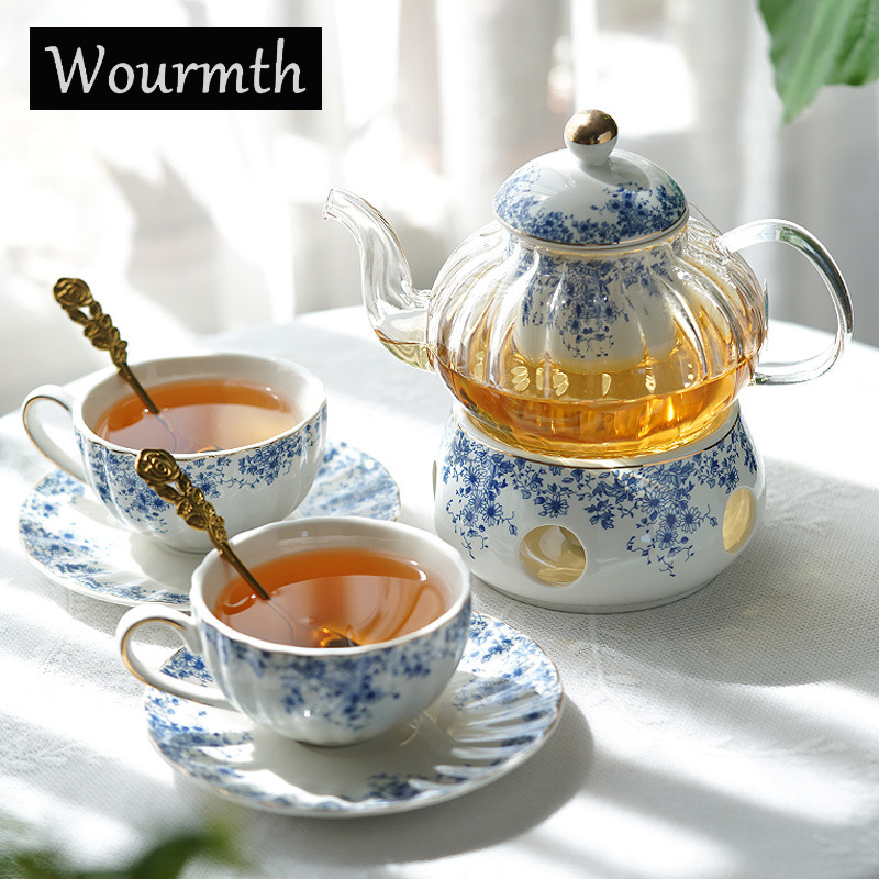Coffee Tea And Sugar Set - イングリッシュスタイルのアフタヌーンティーセット、フラワーティーポット、加熱ガラスのティーカップ、青と白の磁器のコーヒーカップとソーサー
