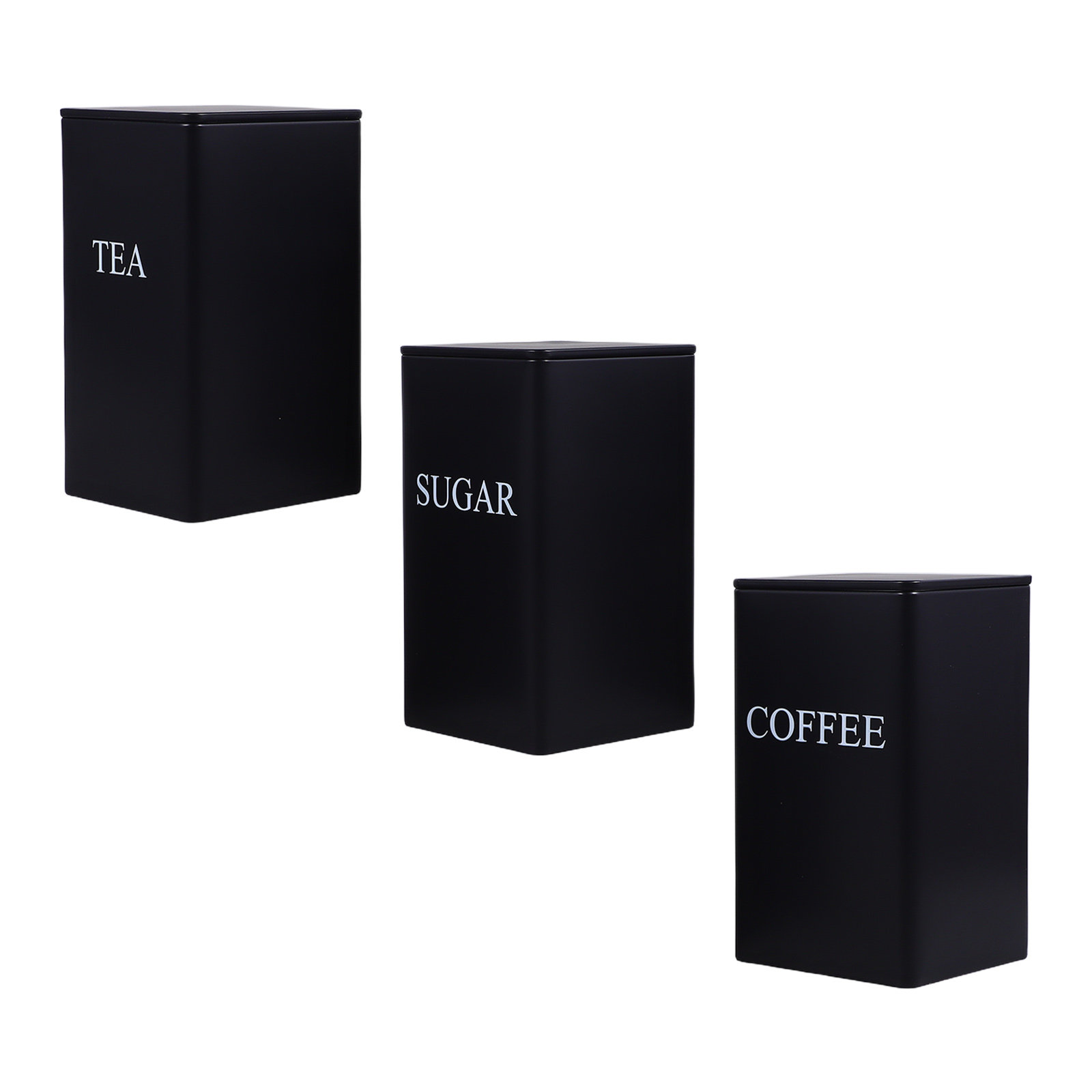 Coffee Tea Sugar - 3個入り、キッチン収納用金属製の黒い正方形の密閉容器。お茶、コーヒー、砂糖などを収納でき、ラベルを貼ってカウンターに置ける。素朴な農家風のデザイン。