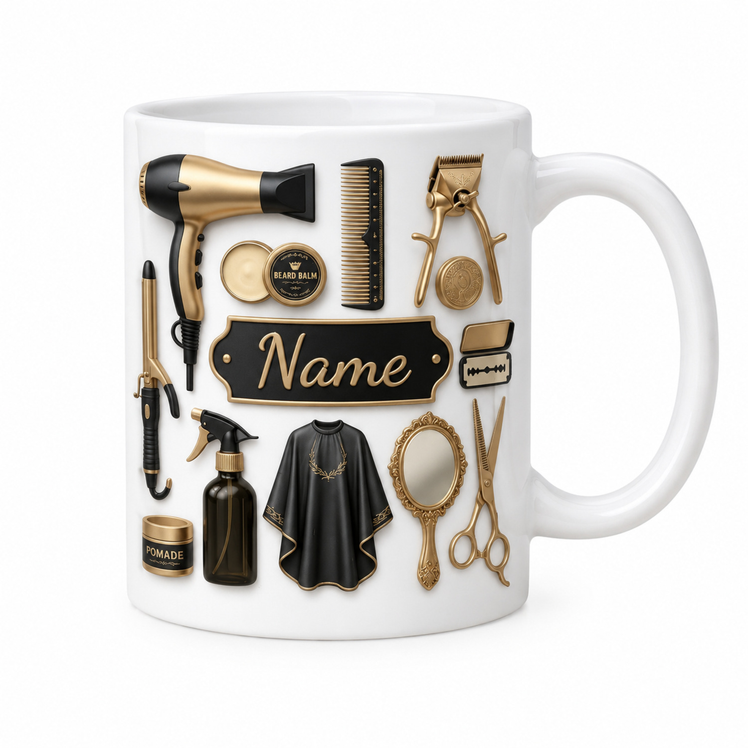 Coffee Tea Name - オーダーメイドの理容師用コーヒーマグ、11オンス（325ml）、セラミック製、金色の理容師用具のプリント入り。お名前を追加して、理容師やヘアスタイリストへのプレゼントに。