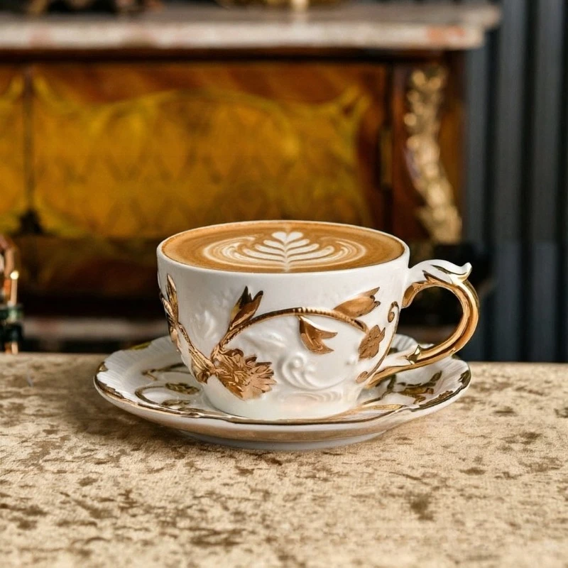 Coffee Tea Sugar - ヴィラリスタイル、浮き彫り模様の金縁が施された磁器製コーヒーカップ、ティーポット、クリームボウル、シュガーボウルのセット。高級感あふれるアフタヌーンティーのギフトボックス。